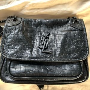YSL Saint Laurent Black Niki Chain Flap Bag Crocodile Embossed Leather "Baby"